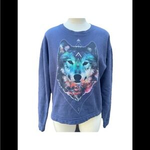Design‎ By Humans Wolf Graphic Sweatshirt Unisex M Navy Cosmic Galaxy Crewneck
